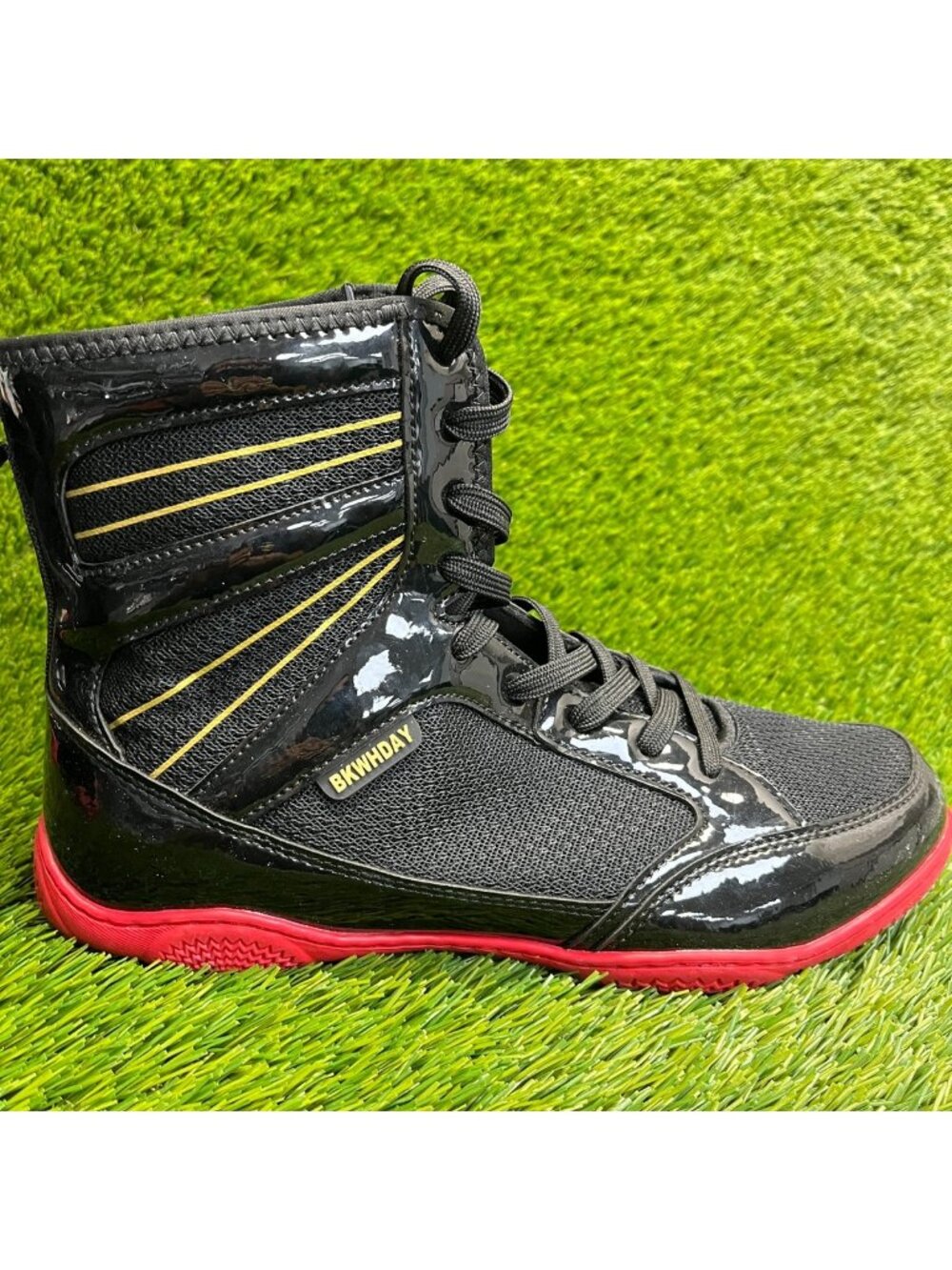 BKWHDAY High Mens Size 9 Black Red Yellow Lace Up Wrestling Boxing Shoes Boots